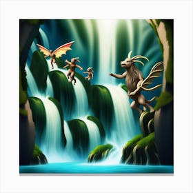Fantasy Art: Mythical Creatures Playing In A Waterfall Canvas Print