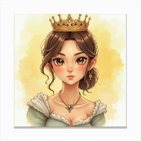 Watercolor Portrait Of Young Queen With A Background Of Soft, Golden Hues Canvas Print