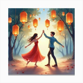 Watercolor Scene Of Dance With Floating Lanterns 1 Canvas Print