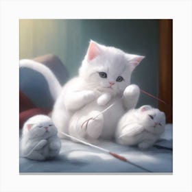 A Little White Cat Playing With Knitting Optimized Canvas Print