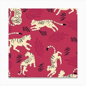 Cream Tiger Pattern On Viva Magenta Square Canvas Print