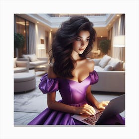 Beautiful Woman In Purple Dress Using Laptop 1 Canvas Print