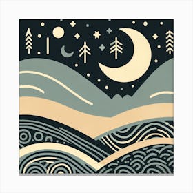 Linocut, Scandinavian Style, Night Sky with Crescent Moon 2 Canvas Print