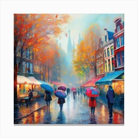 Amsterdam cafes, autumn season, rain, autumn oil colours.Faded colours,People passing on the street, winter clothes, rain umbrellas.12 Canvas Print