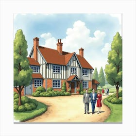 Watercolor Depiction Of An English Countryside Inn With Guests Arriving 1 Canvas Print