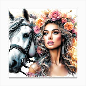 Beauty With Flower Hair Decoration By A Horse Color Drawing Canvas Print