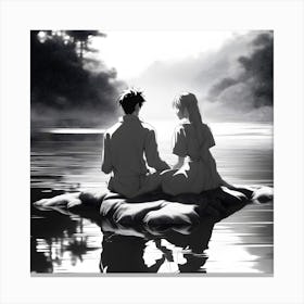 Anime Couple Sitting On The Rocks Canvas Print