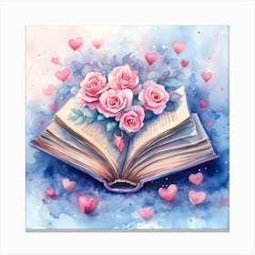 Watercolor Romantic Book Roses Hearts 3 Canvas Print