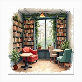 Parisian Book Café In Watercolor With A Cozy Atmosphere And Shelves Of Books 1 Canvas Print