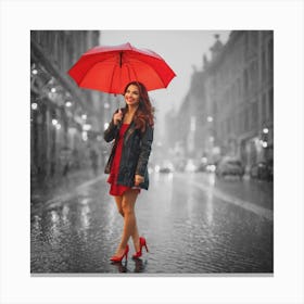 Beautiful Woman In Rain With Red Umbrella Canvas Print