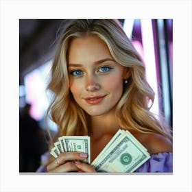 Beautiful Blonde Woman Holding Money Canvas Print