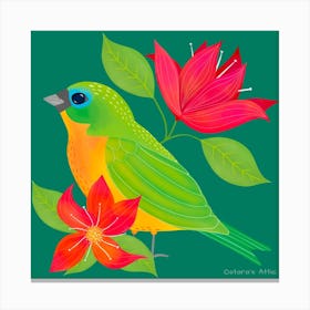 Tropical Folk Bird Green Palette Square Canvas Print