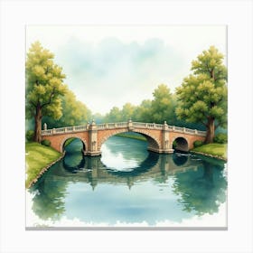 A Picturesque English Bridge Over A Gentle River, Watercolor Style 1 Canvas Print