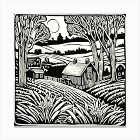 Farm At Night Linocut Canvas Print