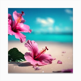 Pink Hibiscus Flowers on the Summer Beach 1 Canvas Print