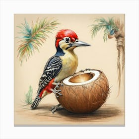 Woodpecker On Coconut Canvas Print