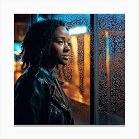 Firefly Street Photography, Beautiful Woman, Bus Shelter, Pensive, Evening, Wet, Rain, Glass, Neon L (10) Canvas Print