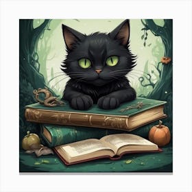 Black Cat On Books Canvas Print