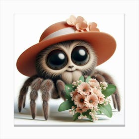 Cute Spider In Hat, With Flowers Canvas Print