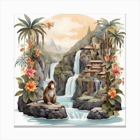 Waterfall and monkeys 1 Canvas Print