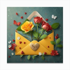 An open red and yellow letter envelope with flowers inside and little hearts outside 10 Canvas Print
