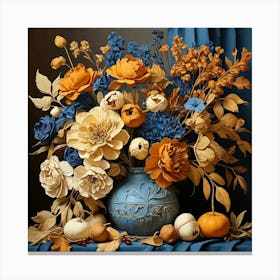 Still Life Ocher And Blue Autumn Flowers Art Print Canvas Print