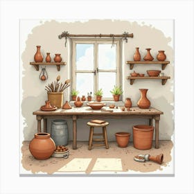 Artistic Pottery Studio In Watercolor, With Clay Pieces And Creative Tools 1 Canvas Print