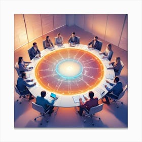 Business Team Meeting Around Table, Futuristic Hud Interface Projected Canvas Print