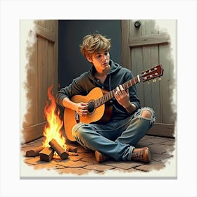 Watercolor Of Justin Bieber In A Rustic Setting, Playing Guitar By A Fire Canvas Print