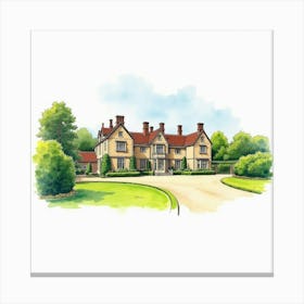 Watercolor Of The Ashridge House In Hertfordshire, Featuring Its Grand Design And Extensive Gardens Canvas Print