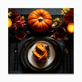 Autumnal Table Setting Cradling A Half Carved Roasted Pumpkin Candlelight Flickering Within Casting (6) Canvas Print