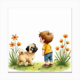 Watercolor Image Of A Child And A Pug Exploring A Flower Garden Canvas Print