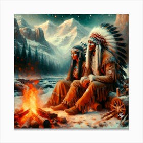 Oil Texture Native American Couple By Stream 3 Copy Canvas Print