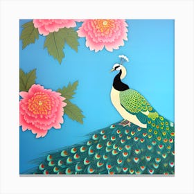 Peacock And Peonies, Japanese Art 2 Canvas Print