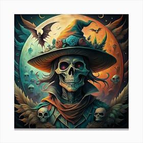 Skeleton Witch With Skull Accents And Bats Canvas Print