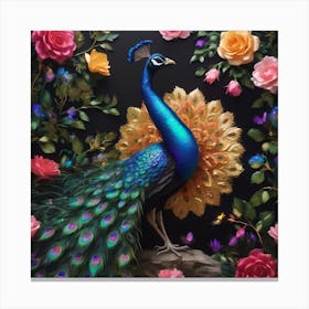 Peacock With Roses Canvas Print