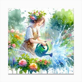 Watercolor Girl Watering Flowers Canvas Print