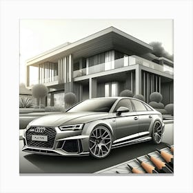 A Pencil Drawing Of A Audi Rs4 In Front Of A Beautiful Modern Mansion 3 Canvas Print