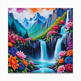 Waterfall And Flowers Canvas Print