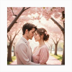 A tender portrait of a couple sharing a loving gaze under a canopy of cherry blossoms Canvas Print