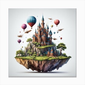 Castle On An Island With Hot Air Balloons Canvas Print