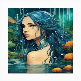 Blue Haired Girl In Water Canvas Print