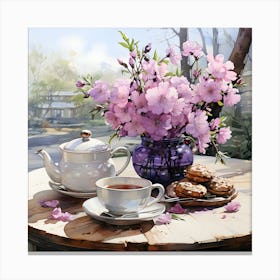 Serene Outdoor Tea Time with Cherry Blossoms | Elegant Spring Floral Still Life for Home and Café Décor Canvas Print