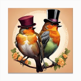 Two Robins In Top Hats Canvas Print