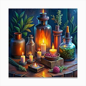 Mystic Potion Bottles And Candles On A Wooden Table 1 Canvas Print