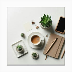 Coffee, Notebook, Phone And Plants Canvas Print