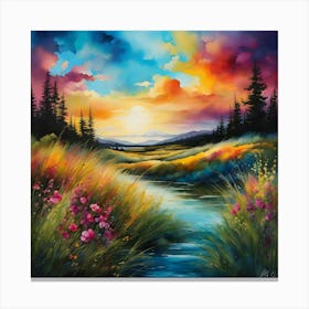 Alcohol Ink Splatter Art Intertwining With Wild Grass In Motion Flowers In Full Bloom Vibrant Col Canvas Print