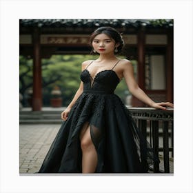 Asian Woman In Black Dress Canvas Print