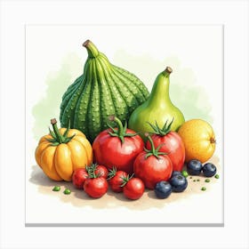 Beautifully Illustrated Fresh Produce In A Watercolor Setting With Artistic Finesse 1 Canvas Print