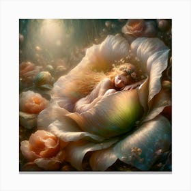 Fairy In A Flower, A serene depiction of a woman resting inside an oversized flower bloom, surrounded by a mystical forest atmosphere with soft lighting that creates a dreamlike ambiance. classic art Canvas Print